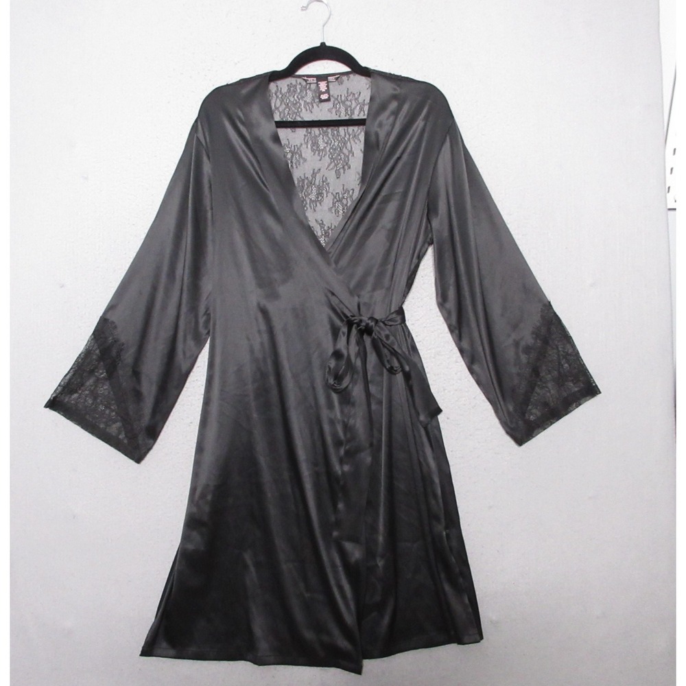 Victorias Secret Chantilly Lace Kimono Robe Black Whimsigoth Fairy Grunge Satin‎